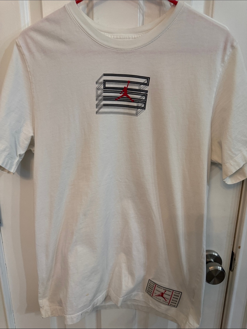 Jordan White Short-Sleeve Tee with Red Jumpman Graphic